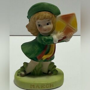 Vtg Norcrest “March” Month of the Year Calendar Doll Girl Figurine Green Kite